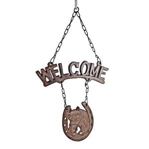 Welcome Sign Horse in Horseshoe Cast Iron Hanging Farmhous Brown Chain 14-in NEW